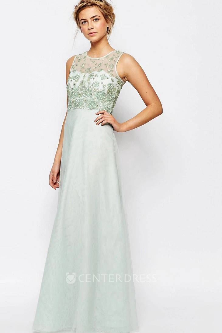 A-Line Sleeveless Scoop Neck Beaded Tulle Bridesmaid Dress With Illusion Back