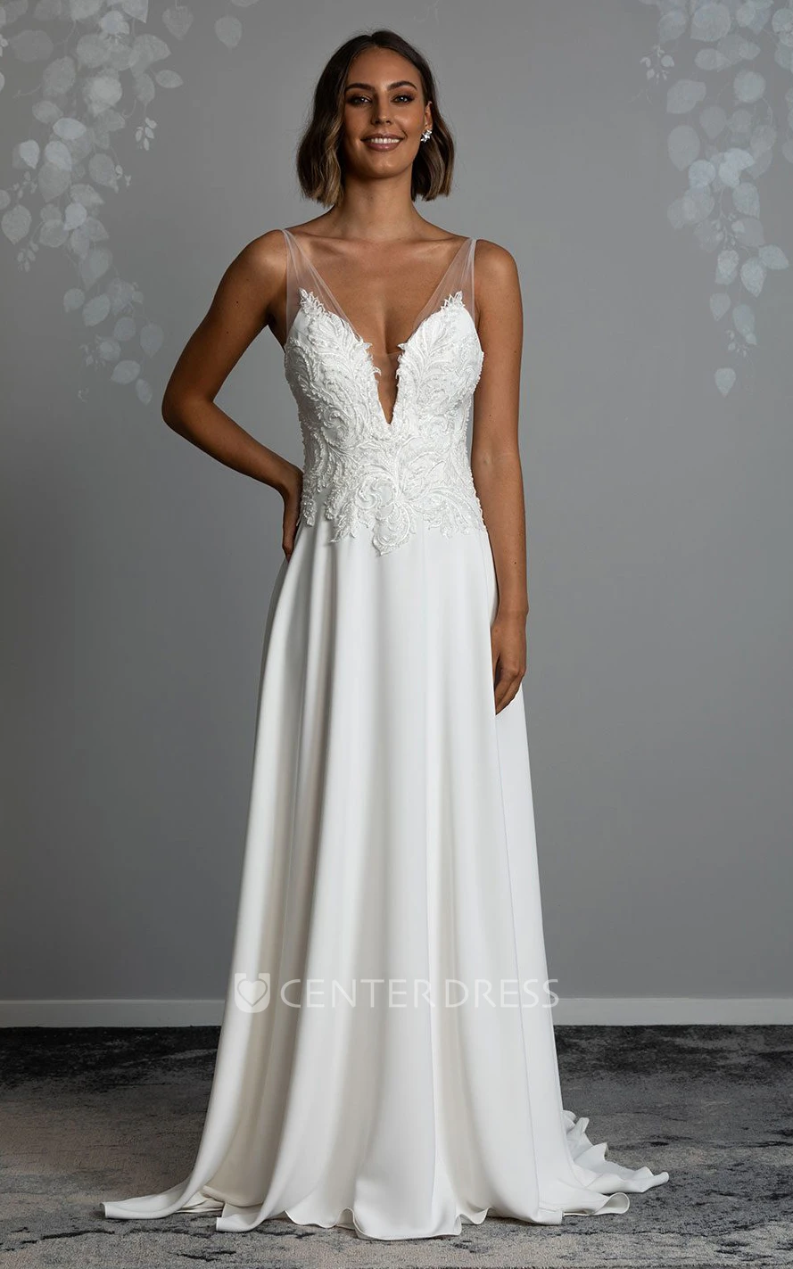 Spandex A-Line Casual Wedding Dress with V-neck Appliques Casual A-Line Wedding Dress with V-neck Appliques