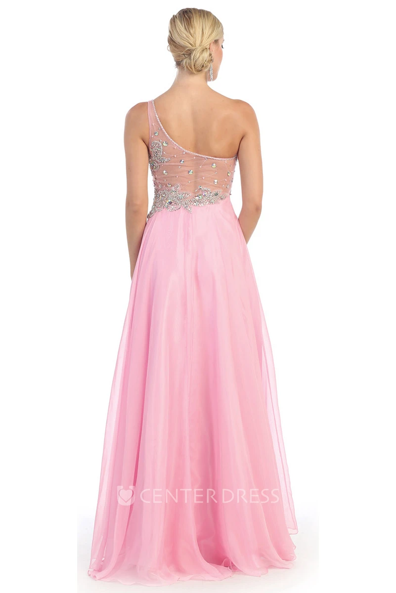 A-Line One-Shoulder Sleeveless Tulle Illusion Dress With Beading And Pleats