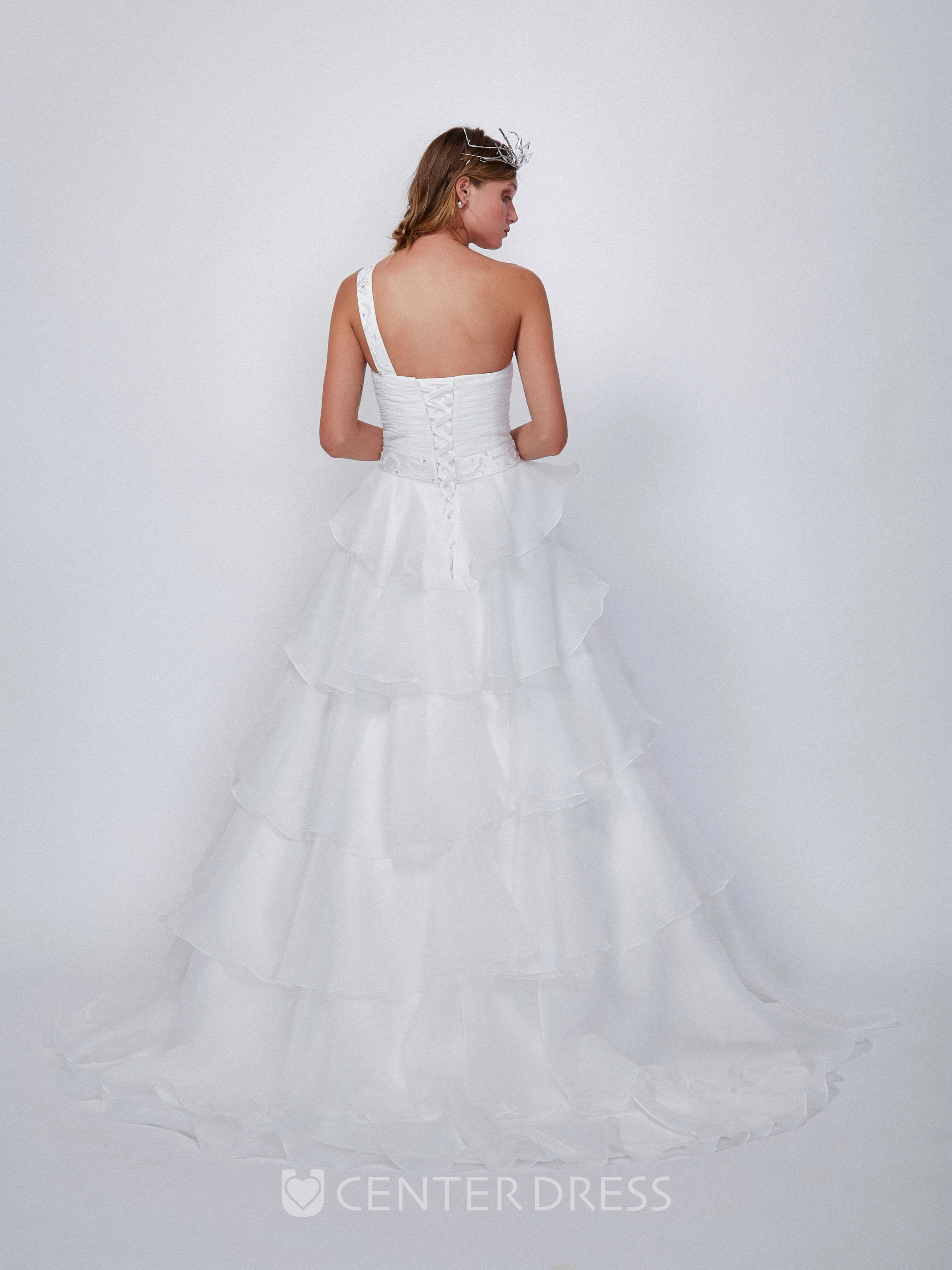One-Shoulder Maxi Ruched Cascading-Ruffled Organza Wedding Dress