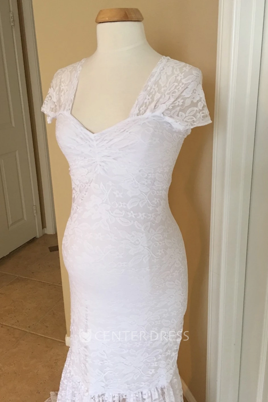 Mermaid Lace Off-the-shoulder Short Sleeve Pleated Ruched Maternity Wedding Dress
