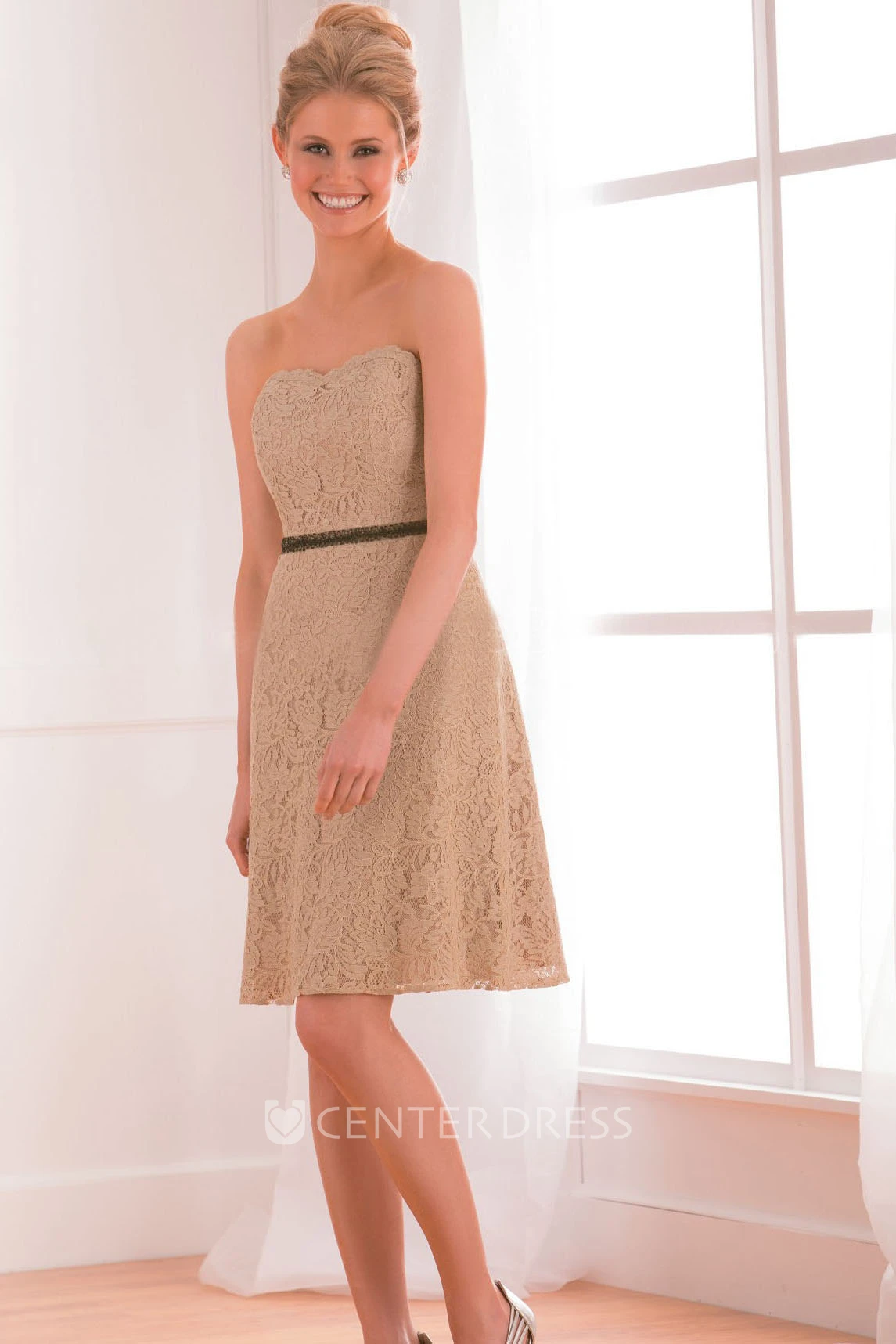 Sweetheart A-Line Short Lace Bridesmaid Dress With Beaded Waistline