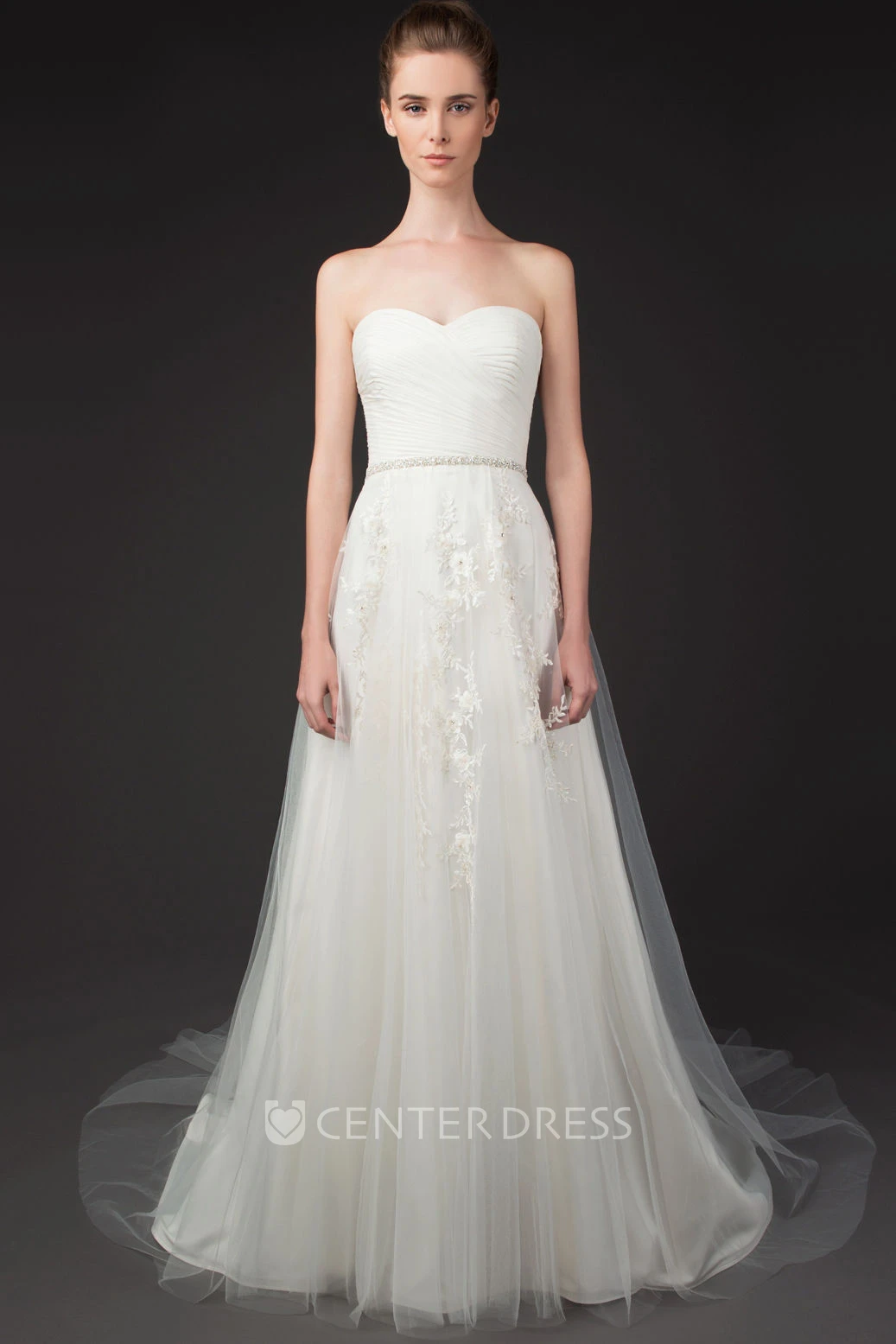 A-Line Jeweled Sweetheart Tulle Wedding Dress With Criss Cross And Appliques