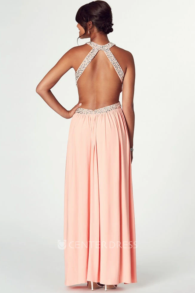 Maxi Sleeveless Scoop Neck Ruched Chiffon Prom Dress