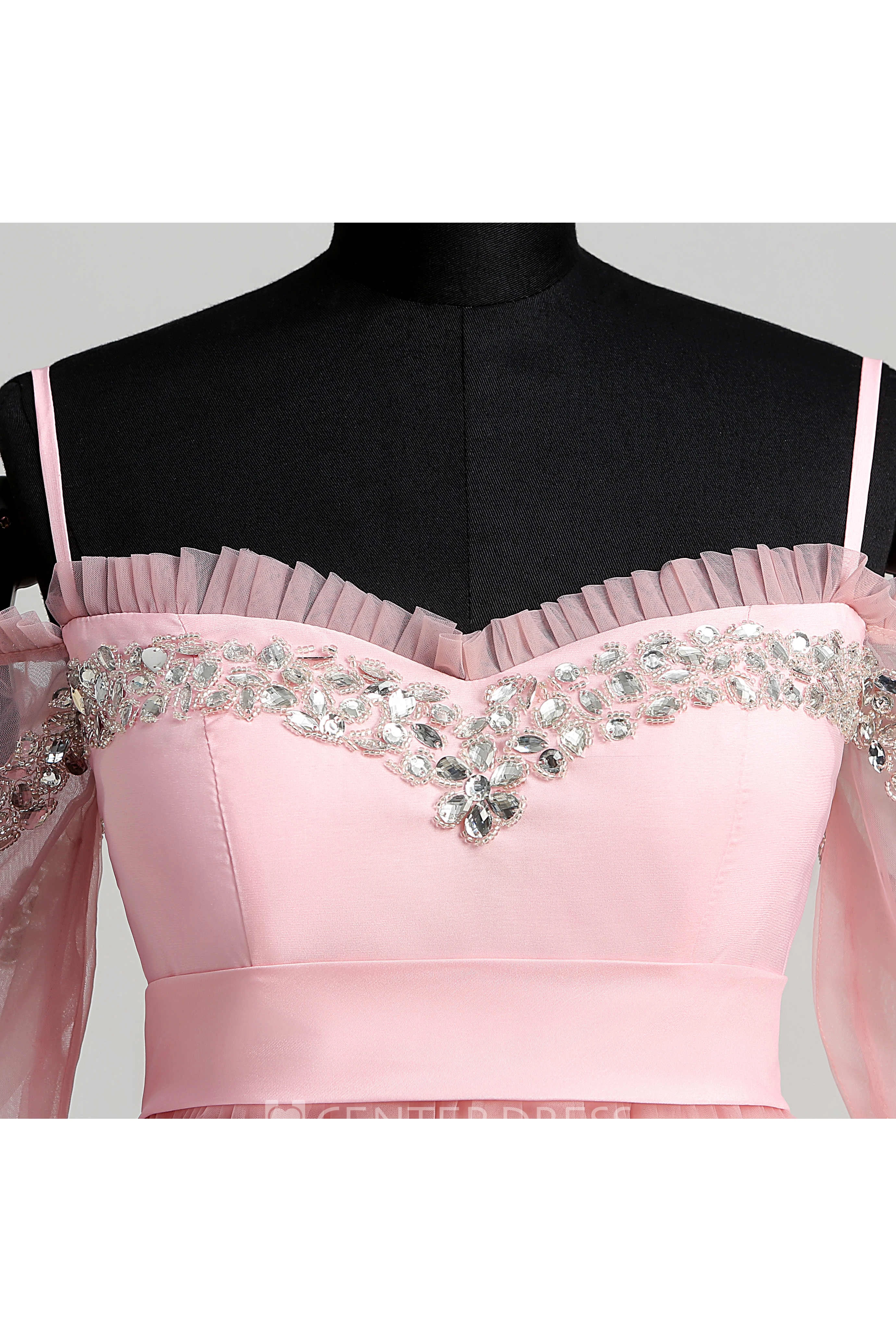 A-line Sweep Brush Train Beading Tulle Dress