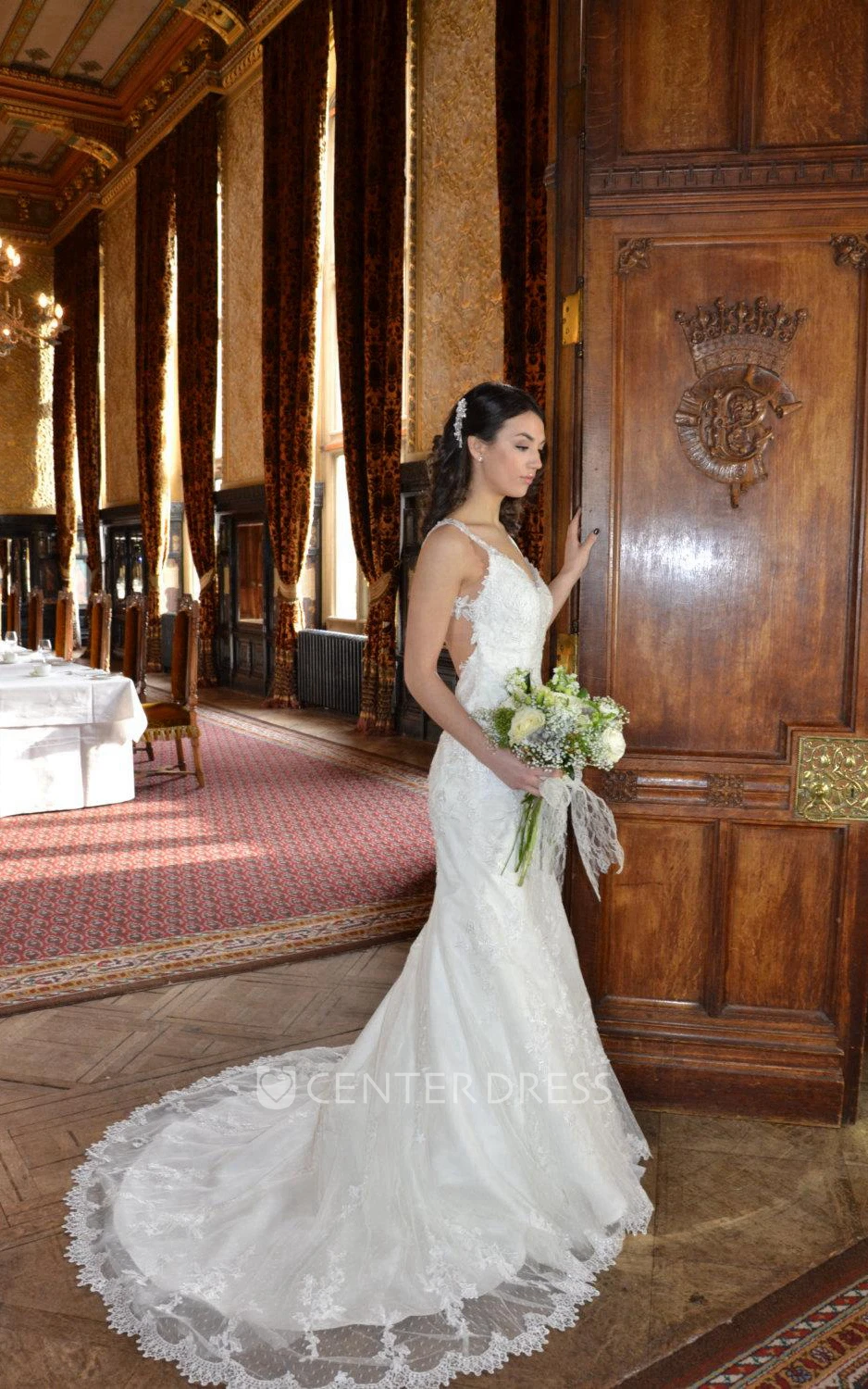 V-Neck Backless Lace Fit and Flare Wedding Dress