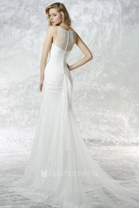 Sheath Scoop Long Lace Sleeveless Tulle Wedding Dress With Illusion Back And Side Draping
