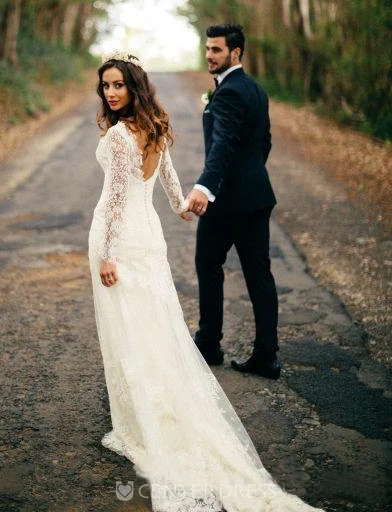 A Line V-neck Low-V Back Long Sleeve Lace Winter Wedding Dress