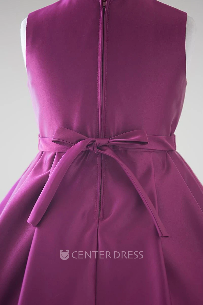 Split Knee-Length Split-Front Beaded Satin Flower Girl Dress With Sash