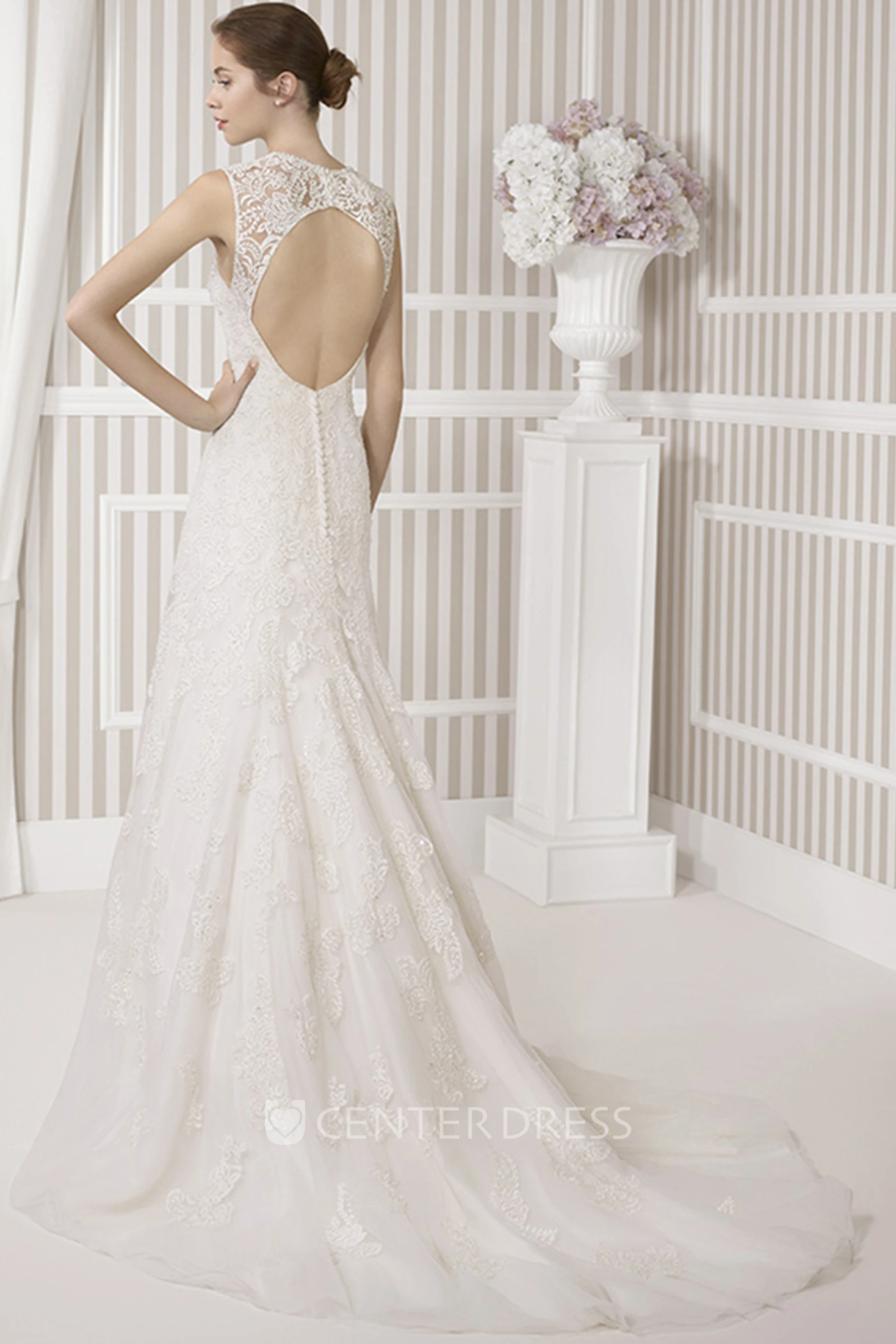 A-Line Floor-Length Sleeveless Appliqued Jewel Lace Wedding Dress With Waist Jewellery And Keyhole Back