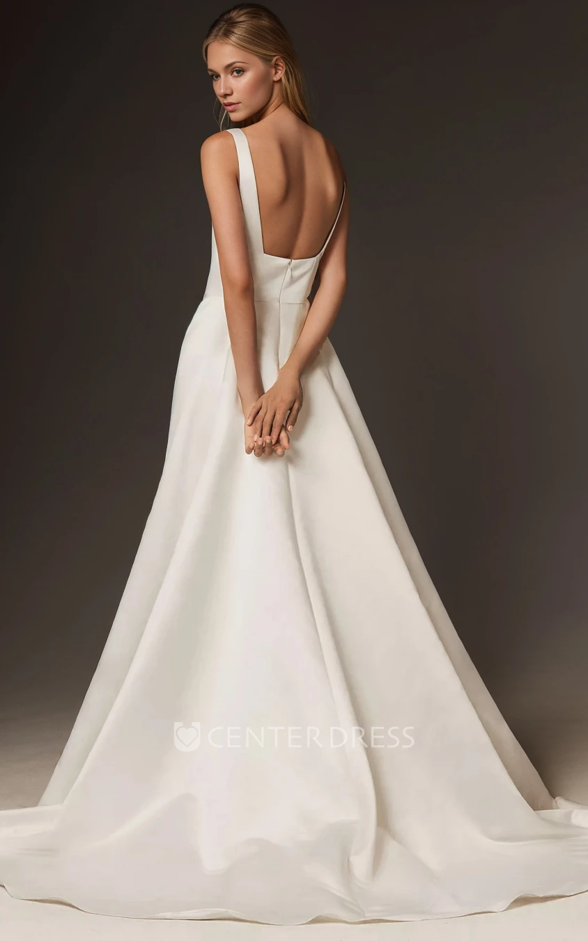 Elegant Simple A-Line Satin Winter Wedding Dress Vintage Square Neck Sleeveless Pleats Backless Bridal Gown with Train