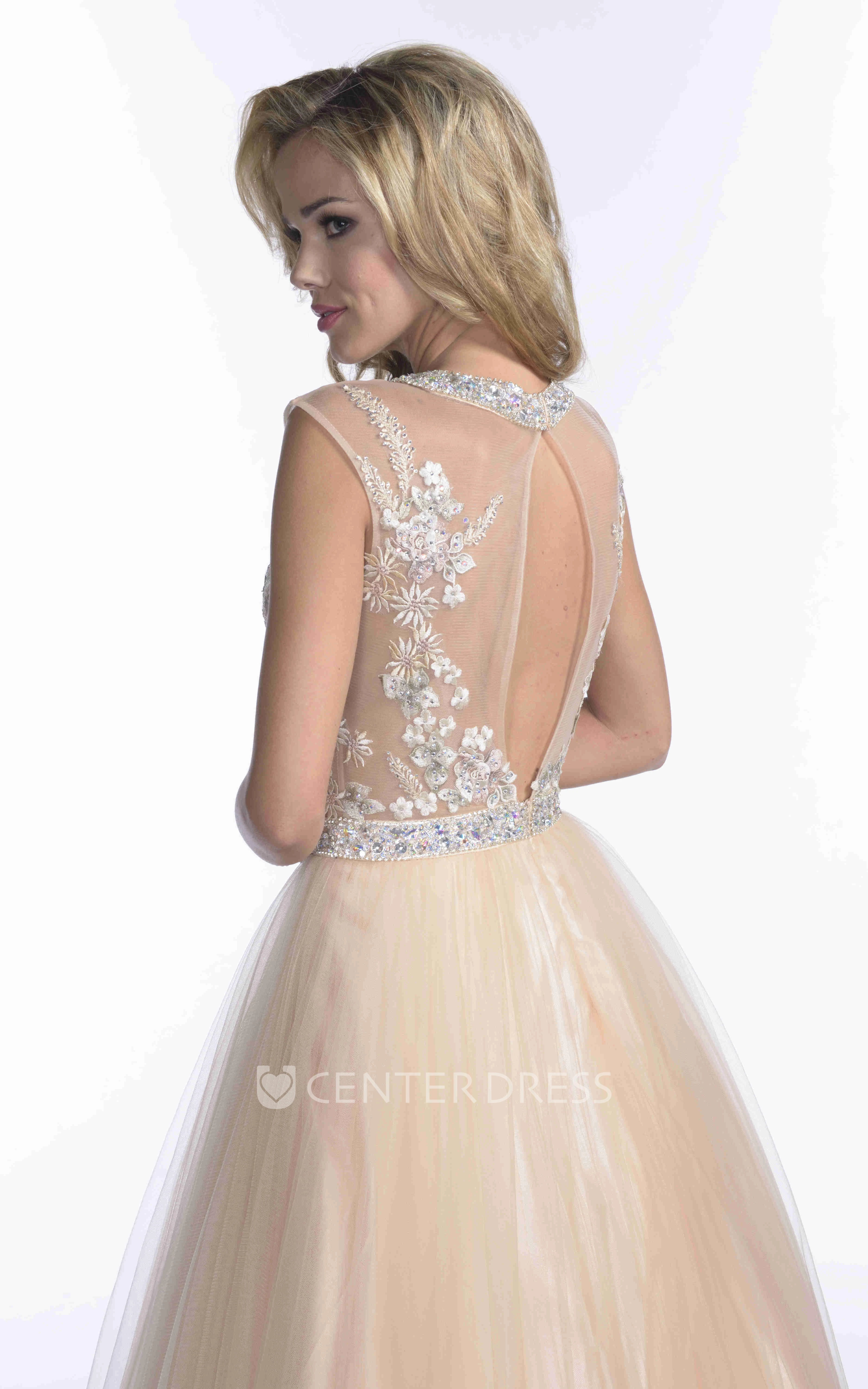 Tulle A-Line Sleeveless Crystal Neck Prom Dress With Keyhole Back And Lace Bodice