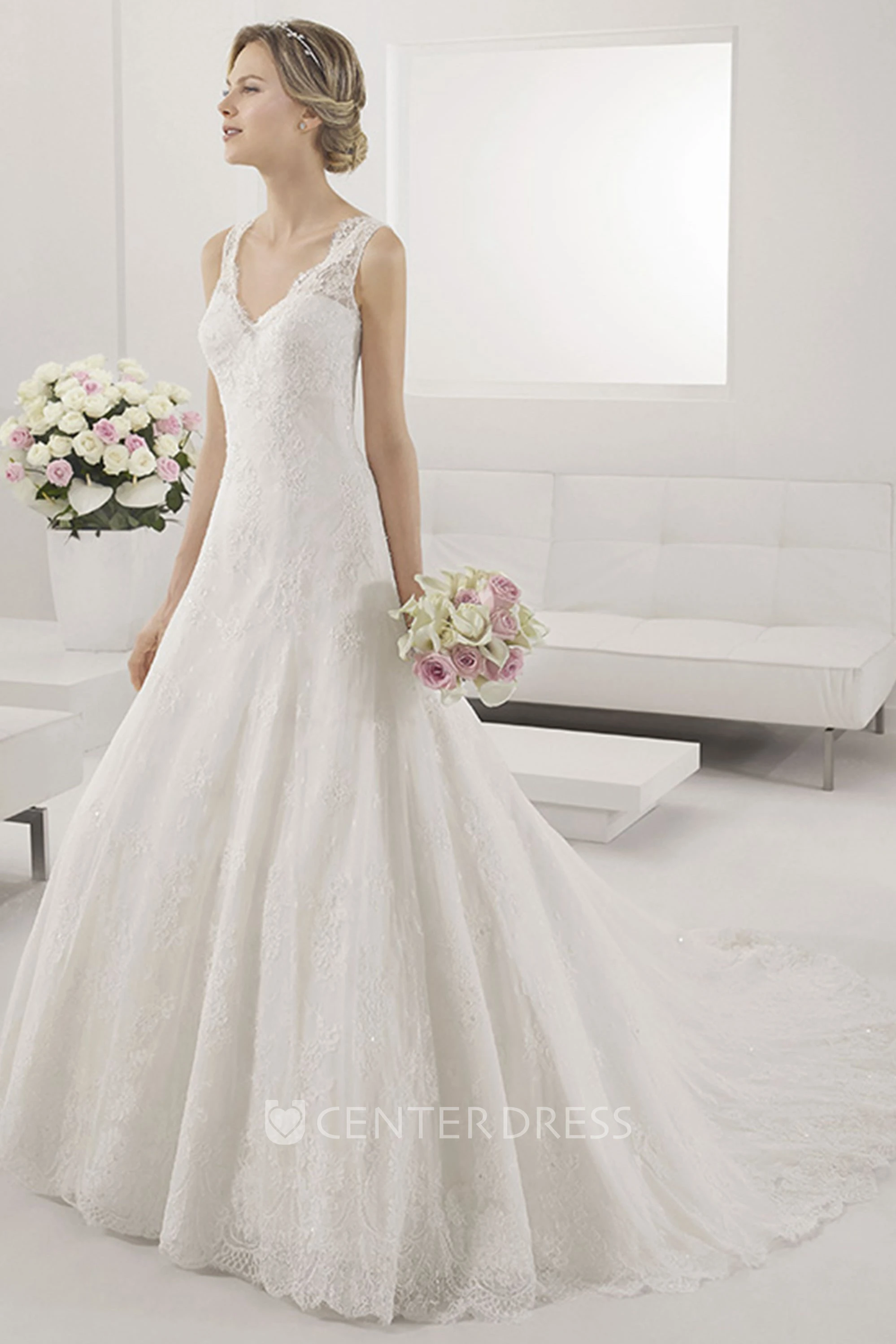 V Neck A-Line Lace Gown With Illusion Straps And Back