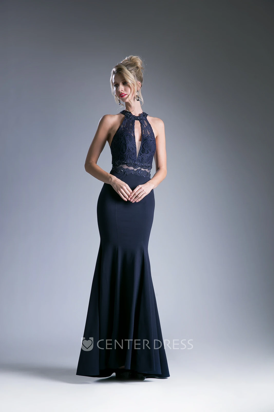 Sheath Maxi High Neck Sleeveless Jersey Dress With Lace And Appliques