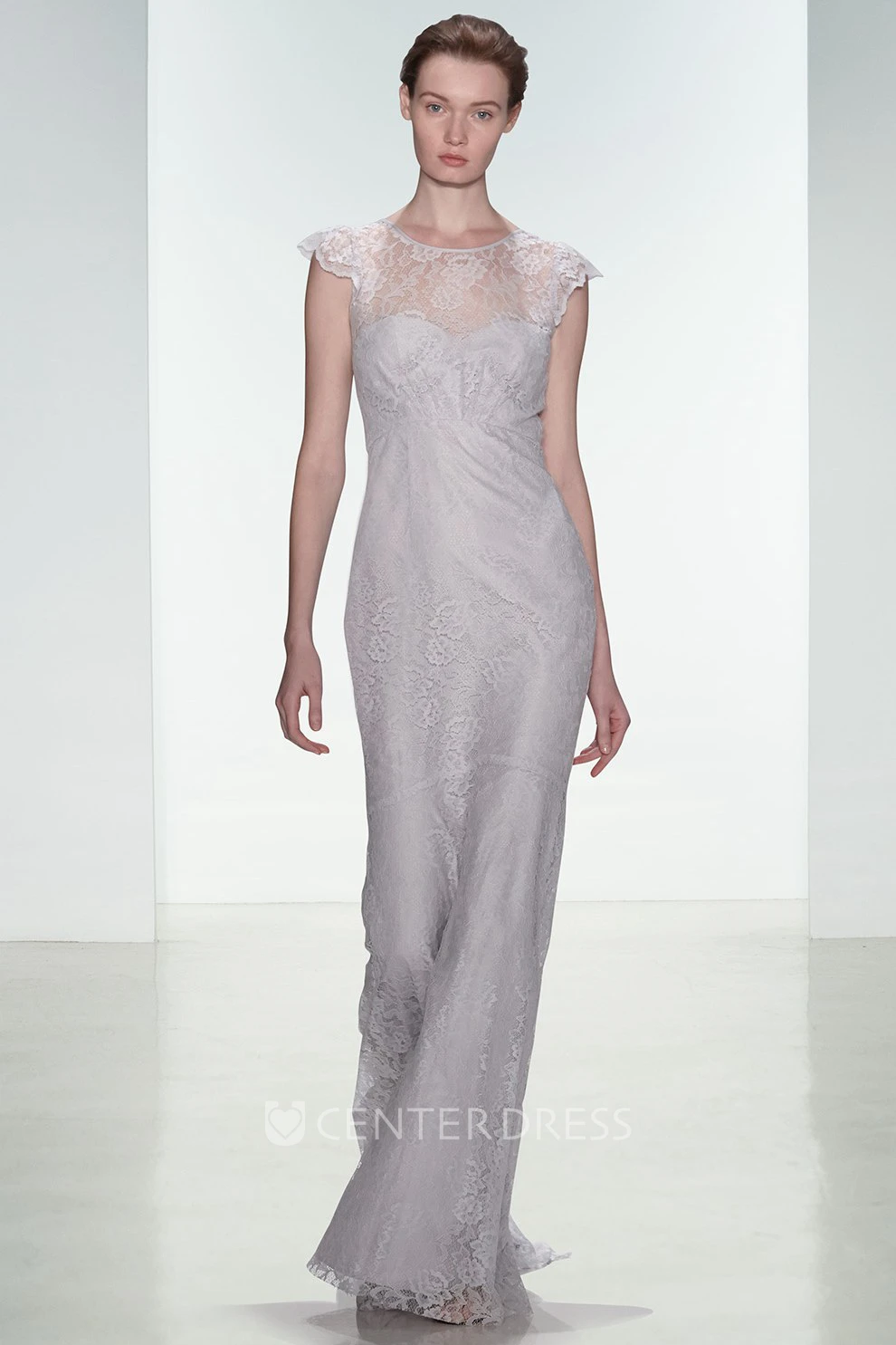 Sheath Appliqued Scoop Neck Cap Sleeve Lace Bridesmaid Dress With Deep-V Back