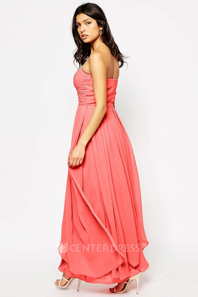 Sheath Ankle-Length Strapless Chiffon Bridesmaid Dress With Pleats And Zipper