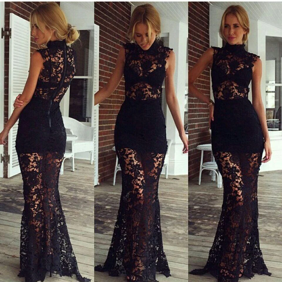 Sexy Black High-Neck Prom Dresses Lace Sleeveless Sheer Skirt