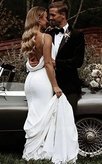 Satin Mermaid Wedding Dress with V-neck and Open Back Elegant Satin V-neck Wedding Dress