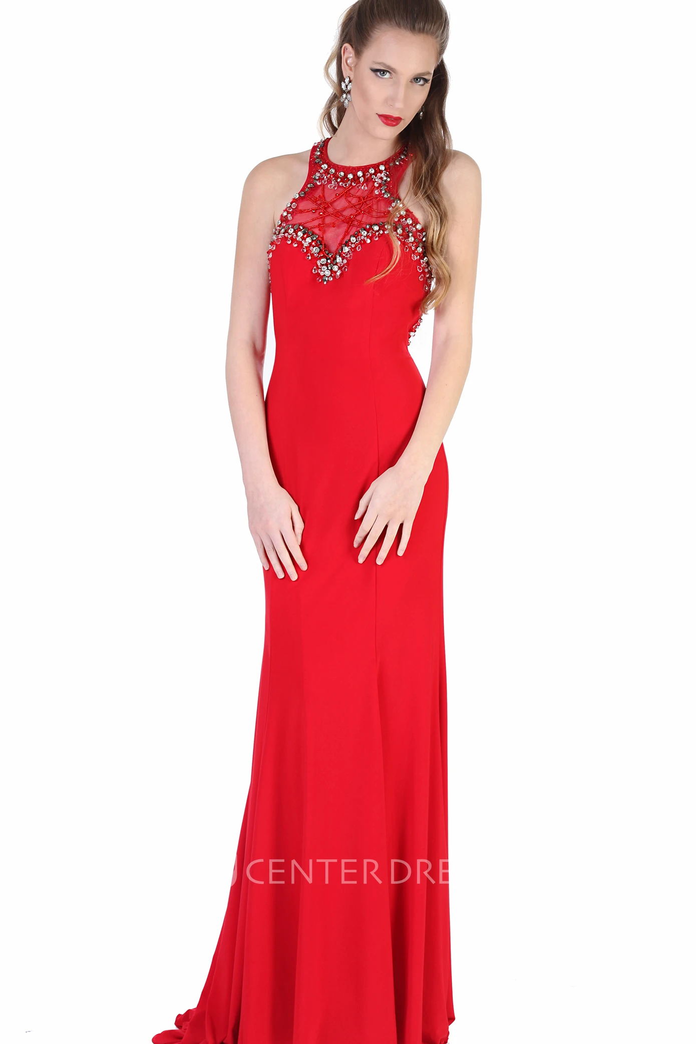 Sheath Floor-Length Sleeveless Scoop-Neck Beaded Jersey Evening Dress