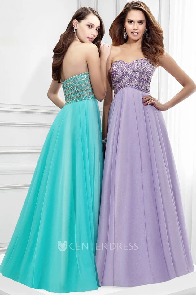 Maxi A-Line Sleeveless Beaded Sweetheart Tulle Prom Dress With Low-V Back