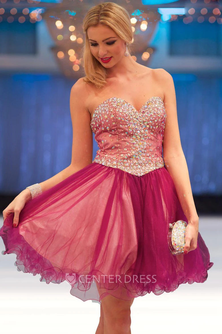A-Line Short Strapless Beaded Tulle Prom Dress With Lace-Up