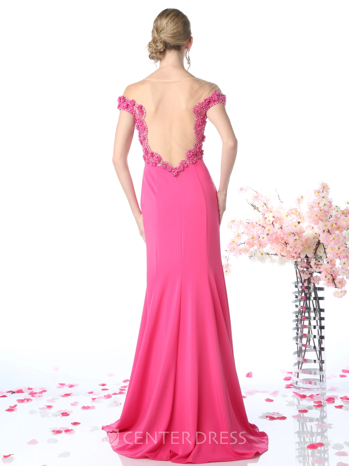 Sheath Floor-Length Off-The-Shoulder Jersey Illusion Dress With Flower