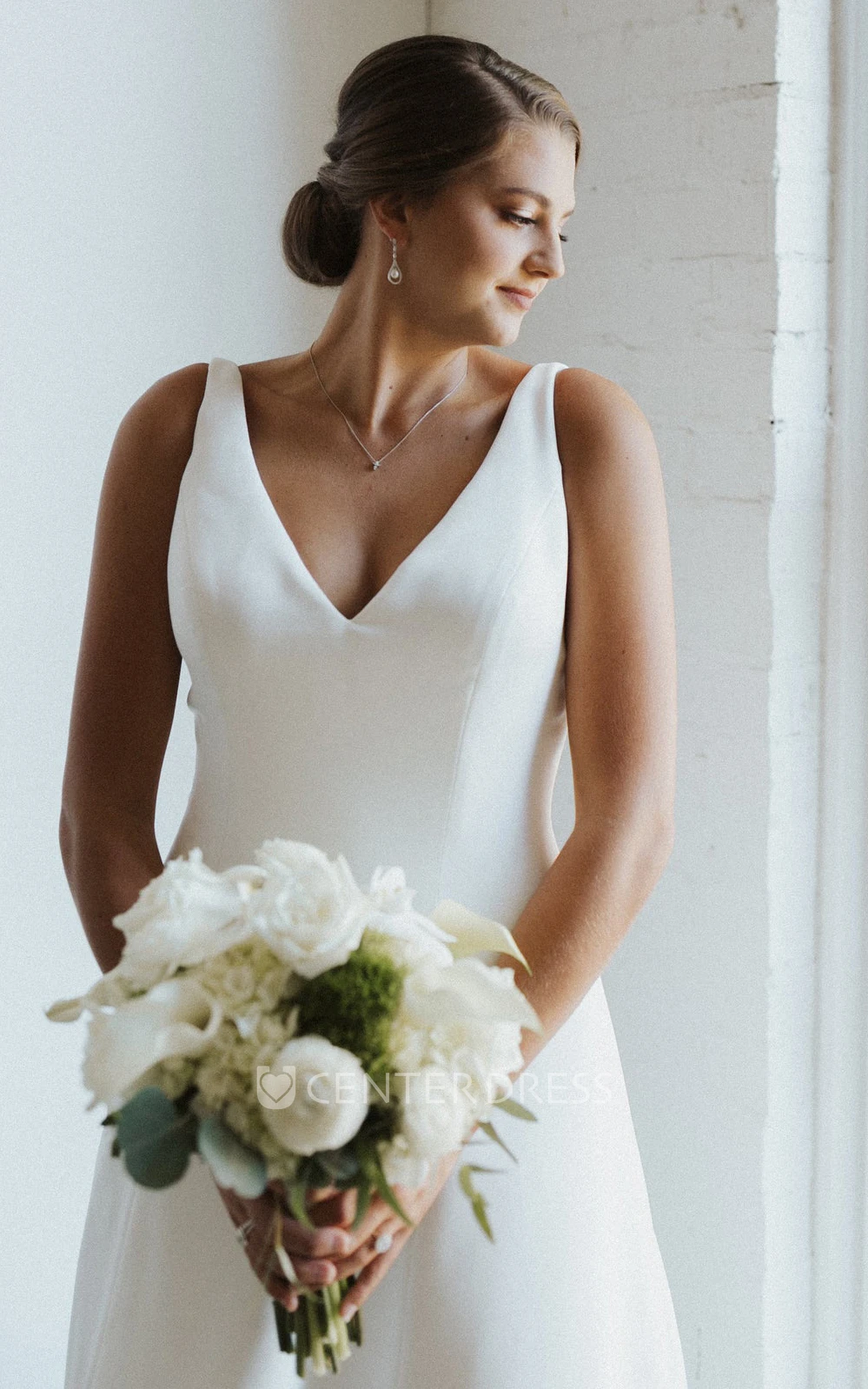 Romantic A-Line Satin Wedding Dress With Button Back And V-neck