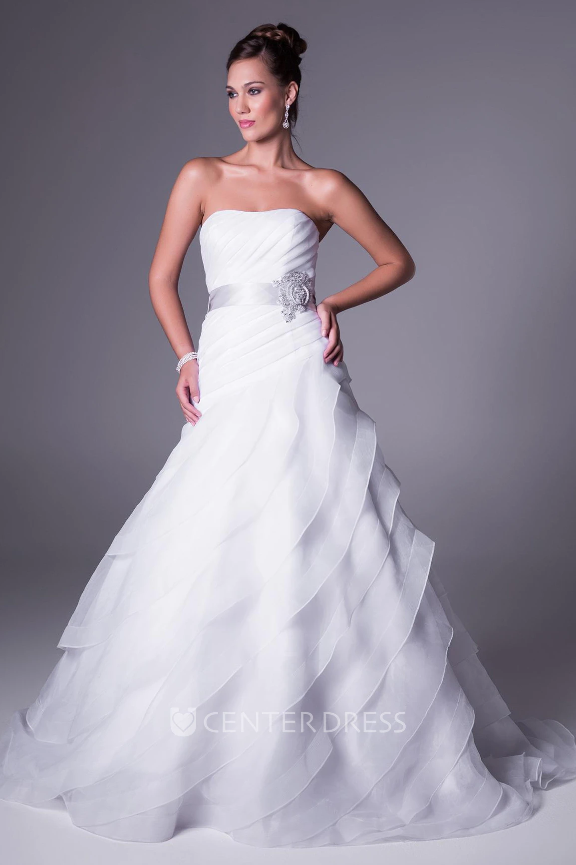 A-Line Floor-Length Strapless Sleeveless Tiered Organza Wedding Dress With Ruching And Broach