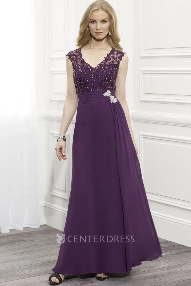 V-Neck Cap Sleeve Chiffon Formal Dress With Beading And Illusion Back