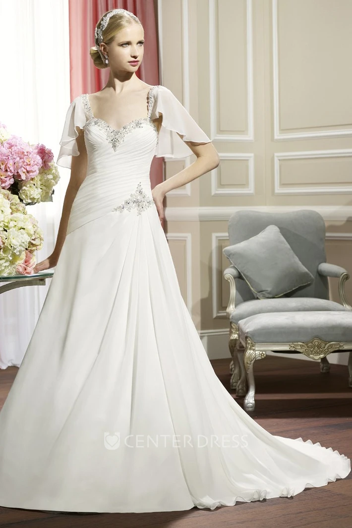 A-Line Poet-Sleeve Long Sweetheart Beaded Wedding Dress With Criss Cross And Draping