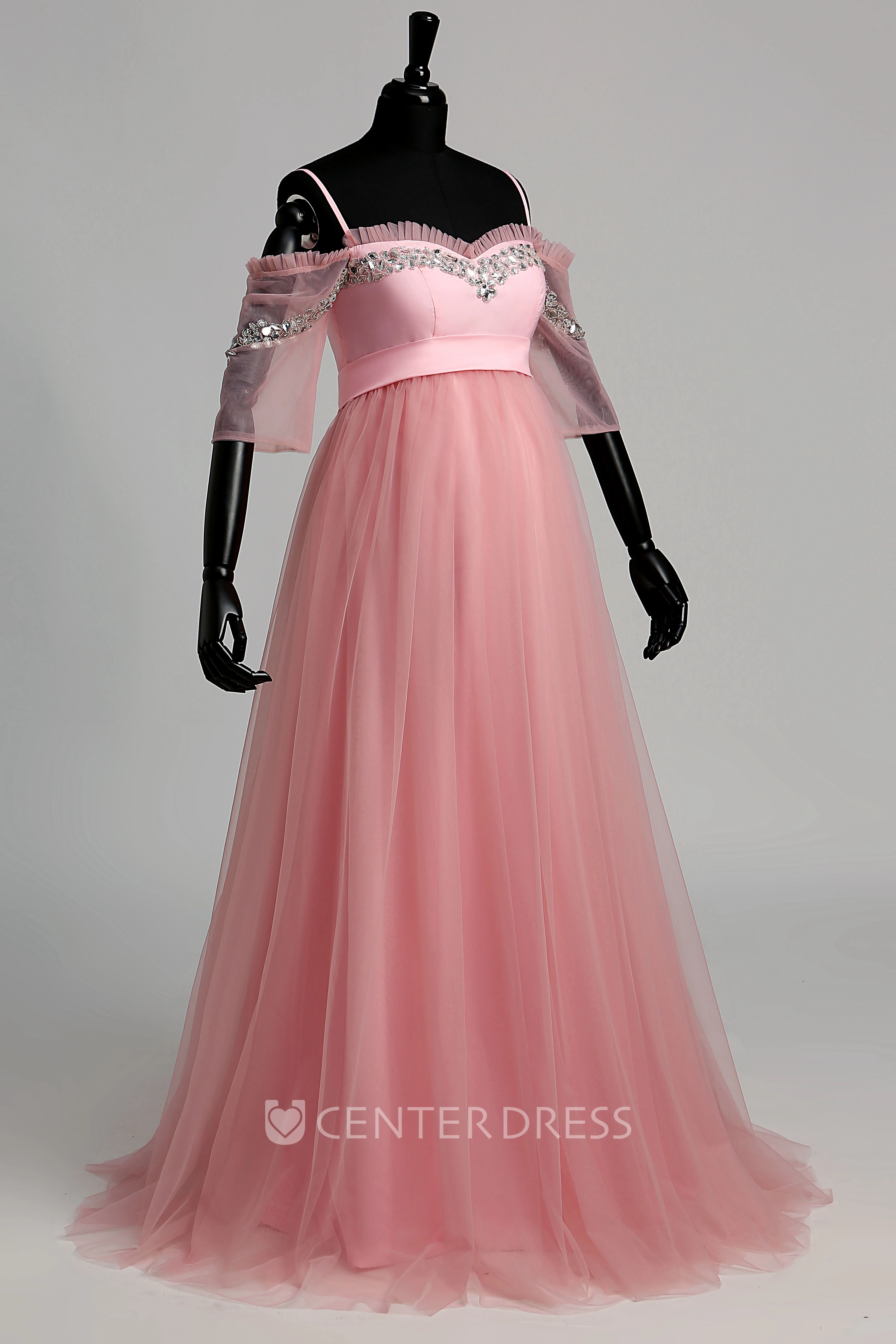 A-line Sweep Brush Train Beading Ruffles Tulle Maternity Dress