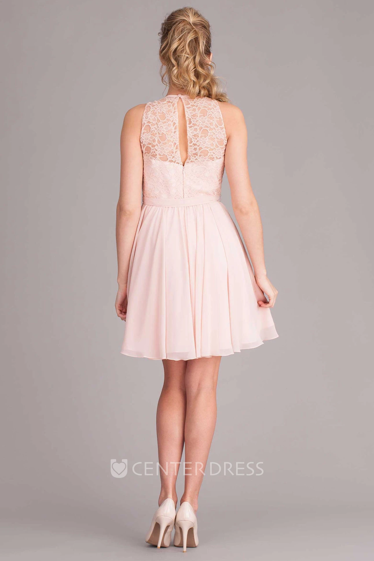Short Jewel Neck Lace Sleeveless Chiffon Bridesmaid Dress With Bow