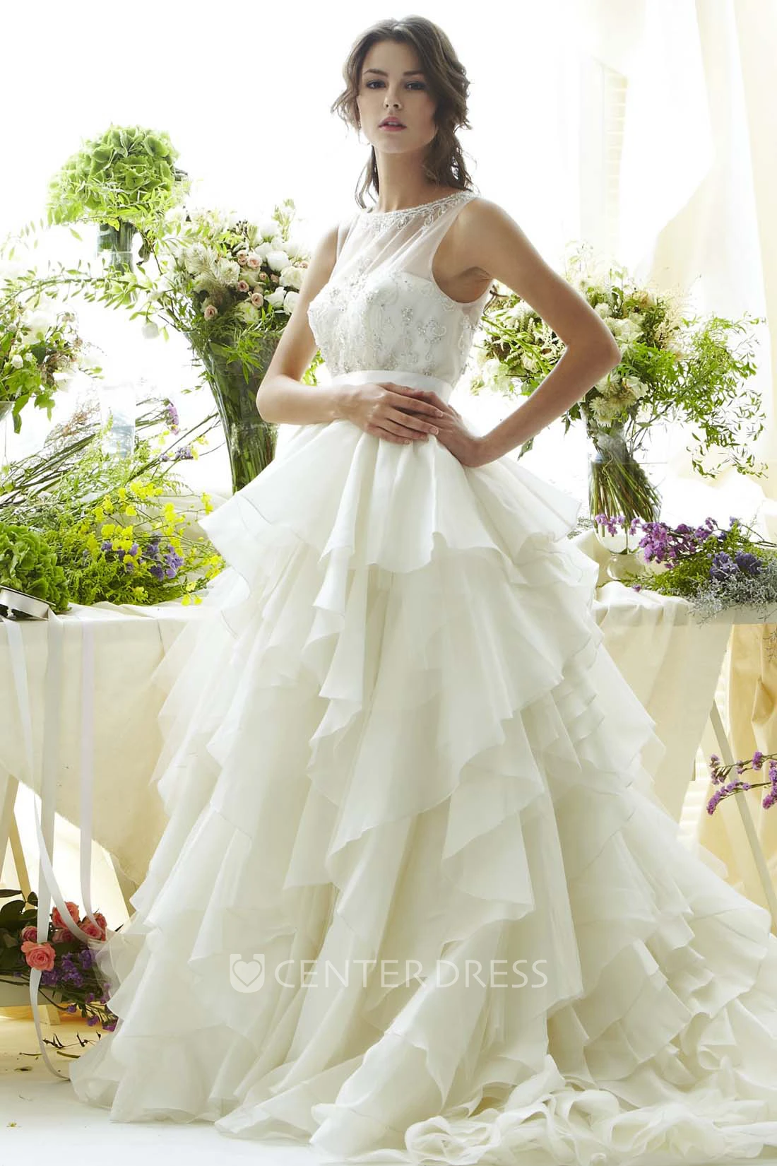 A-Line Sleeveless Scoop Floor-Length Cascading-Ruffle Organza Wedding Dress With Illusion Back And Beading