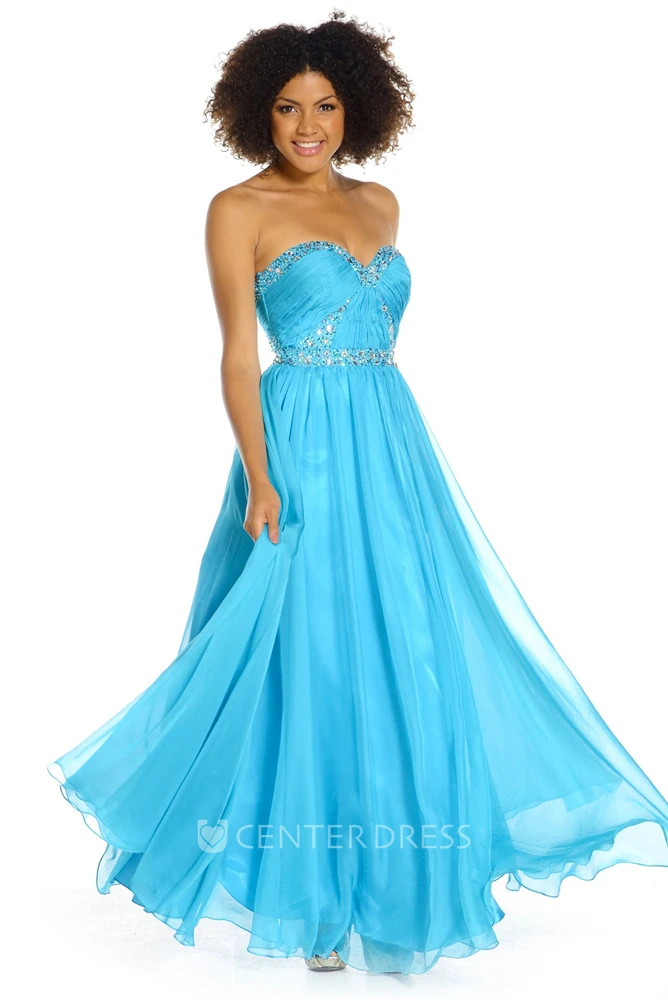 A-Line Sweetheart Ruched Long Sleeveless Prom Dress With Beading And Pleats