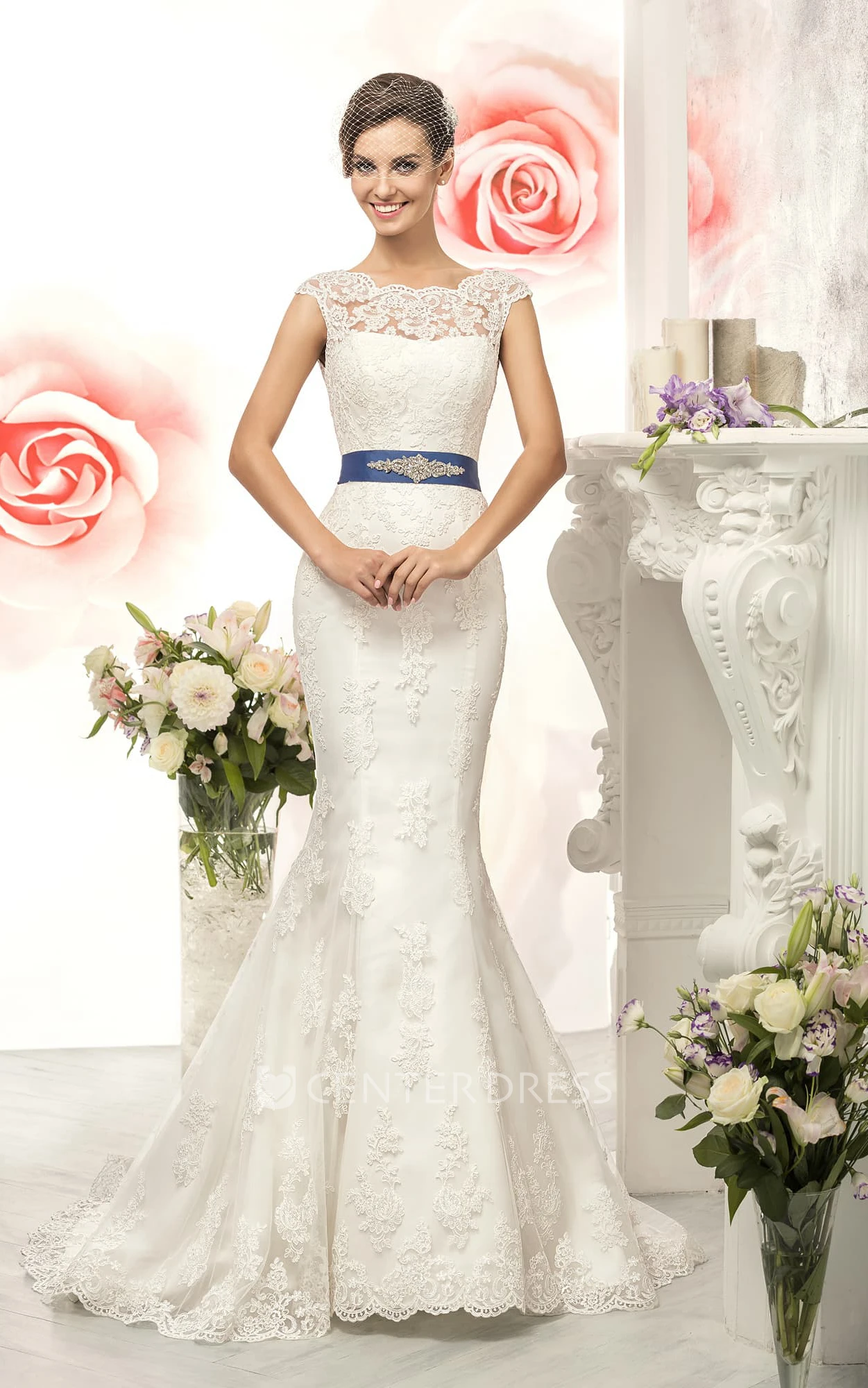 Mermaid Long Bateau Cap-Sleeve Illusion Lace Dress With Appliques