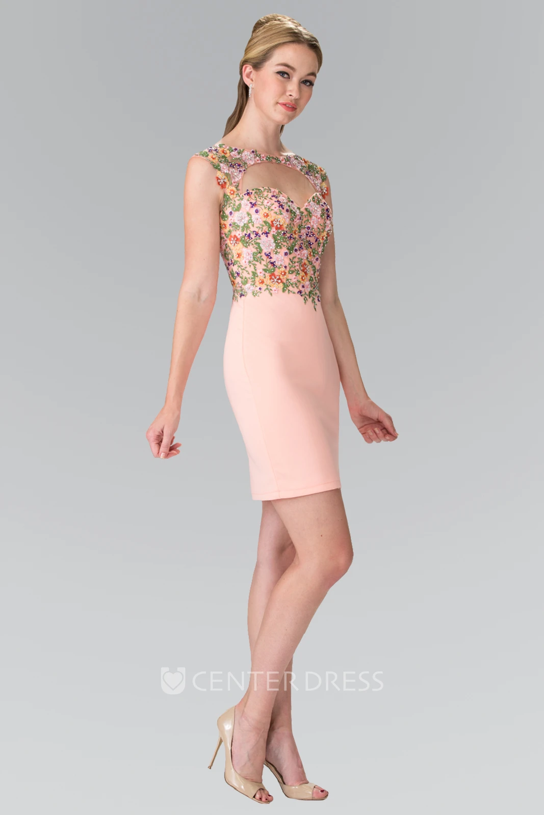 Pencil Mini Bateau Cap-Sleeve Jersey Keyhole Dress With Appliques And Flower