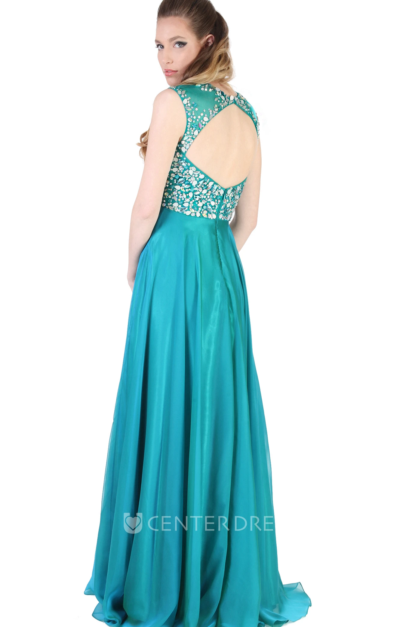 A-Line Beaded High-Neck Maxi Sleeveless Evening Dress With Pleats