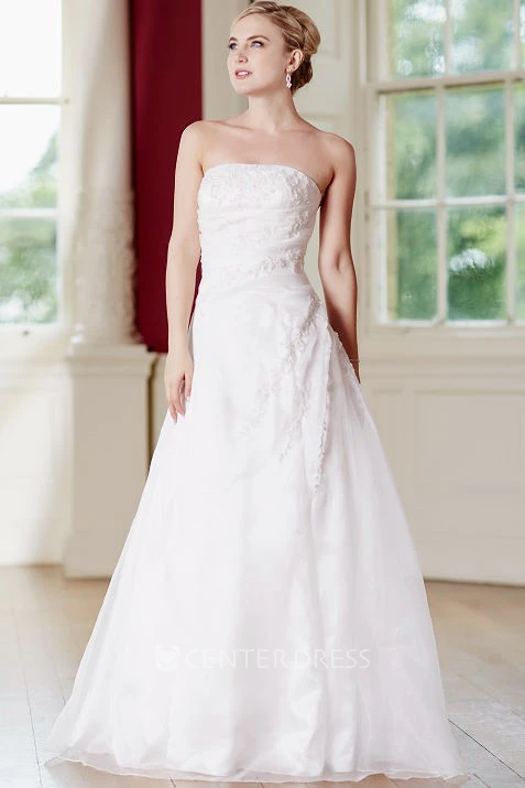 A-Line Floor-Length Appliqued Strapless Sleeveless Satin Wedding Dress With Lace-Up Back And Side Draping