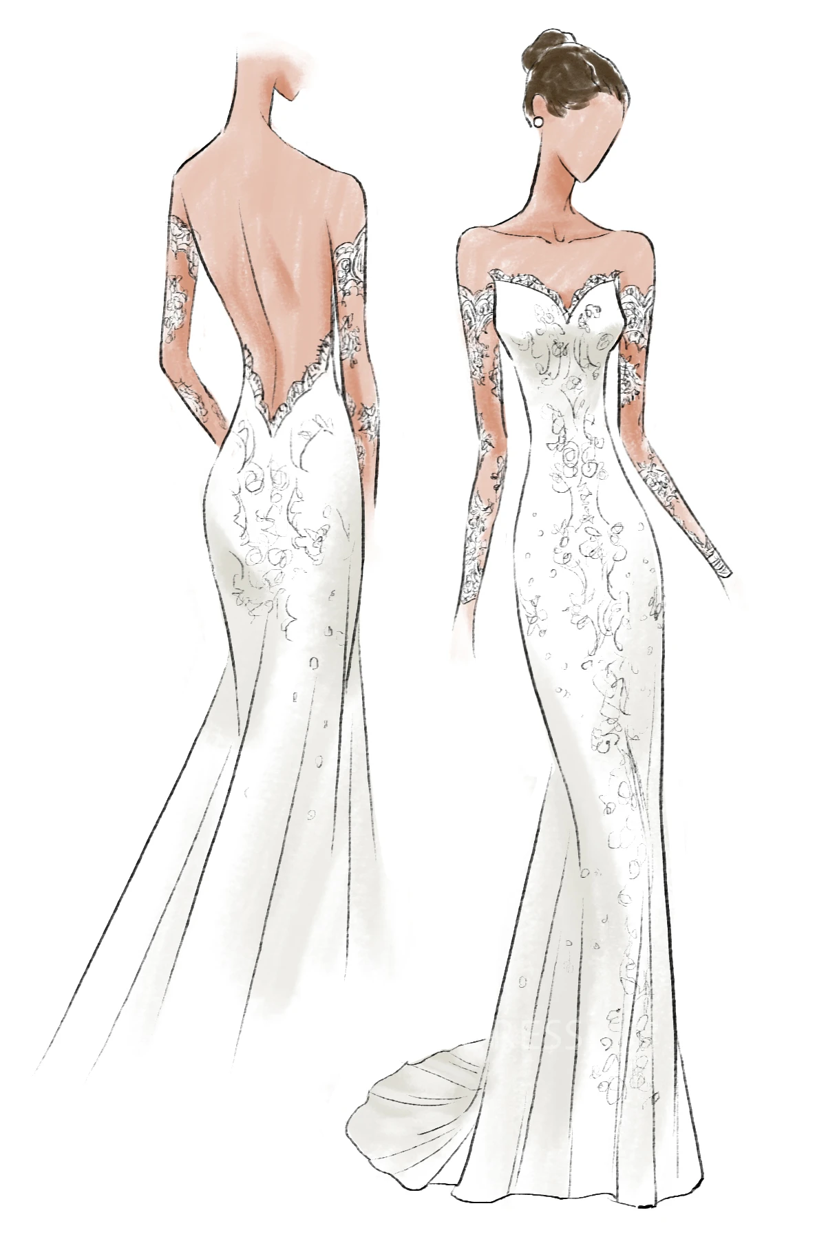 Off Shoulder Long-sleeved Sweetheart Backless Court Train Lace Dress