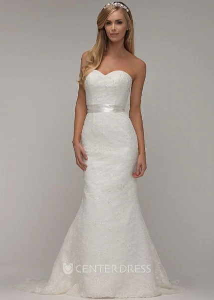 Long Sweetheart Beaded Lace Wedding Dress With Sweep Train And Corset Back