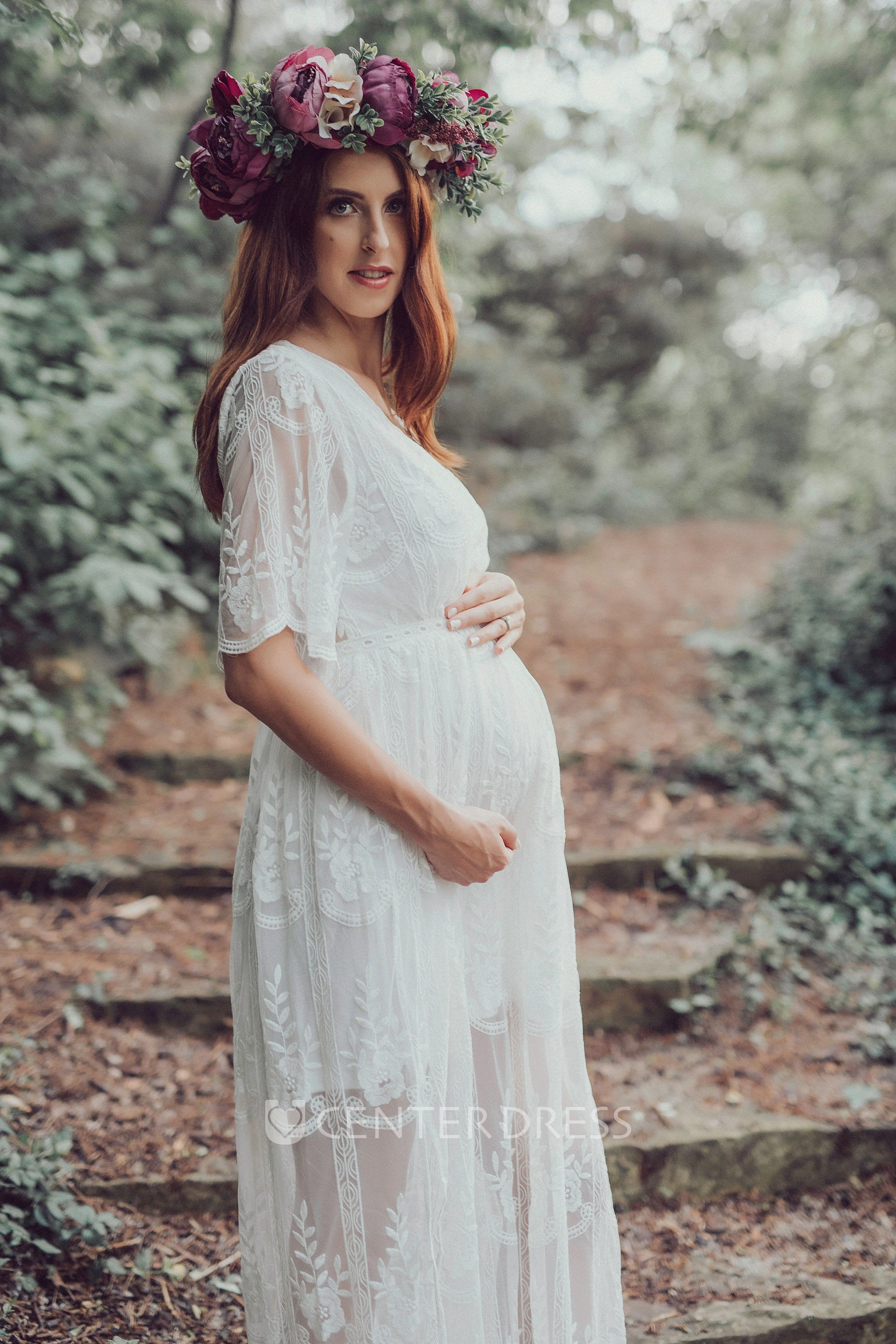Sheath Floor-length Half Sleeve Empire Maternity Wedding Dress