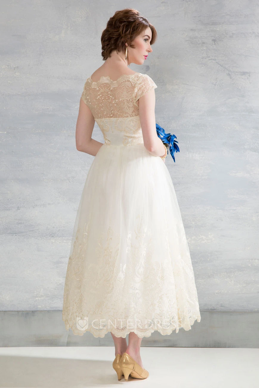 Tea-Length Bateau Neck Cap Sleeve Appliqued Tulle Wedding Dress
