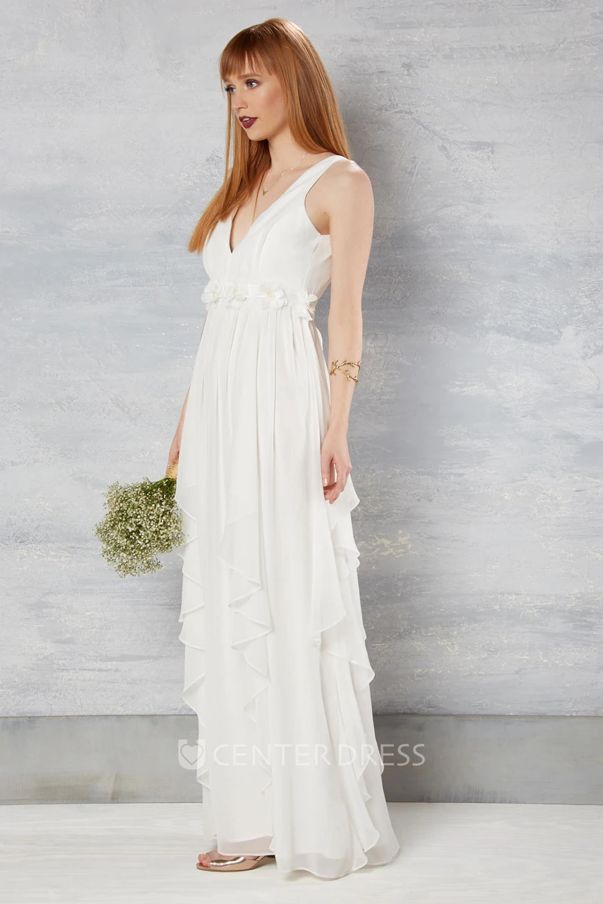 V-Neck Ankle-Length Sleeveless Chiffon Wedding Dress With Draping