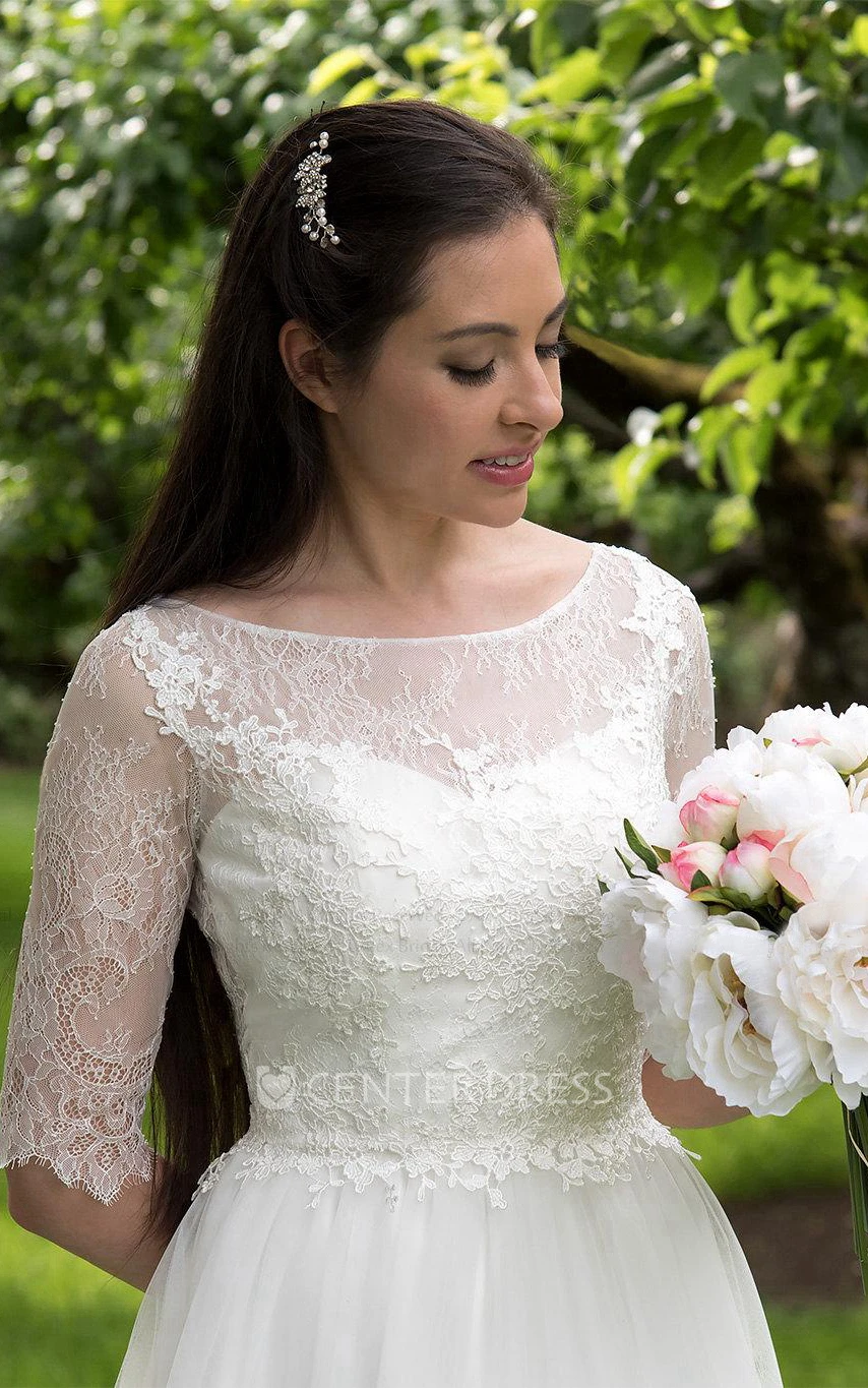 Long A-Line Tulle and Lace Wedding Dress With Elbow Sleeves