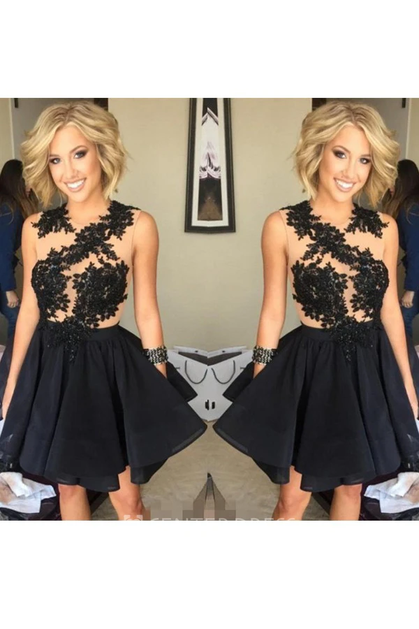A-line Short Mini Sleeveless Jewel Appliques Ruching Ruffles Chiffon Lace Homecoming Dress