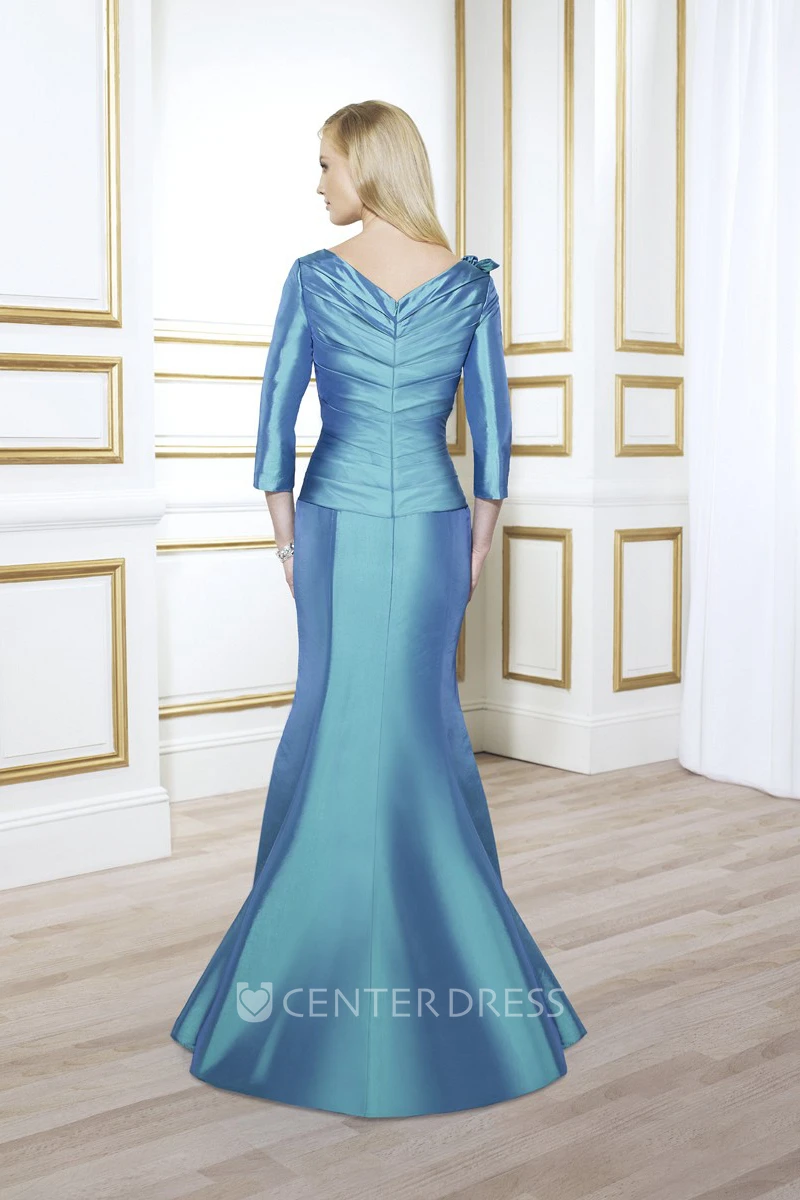 V-Neck Long Sleeve Floral Satin Mother Of The Bride Dress With Ruching