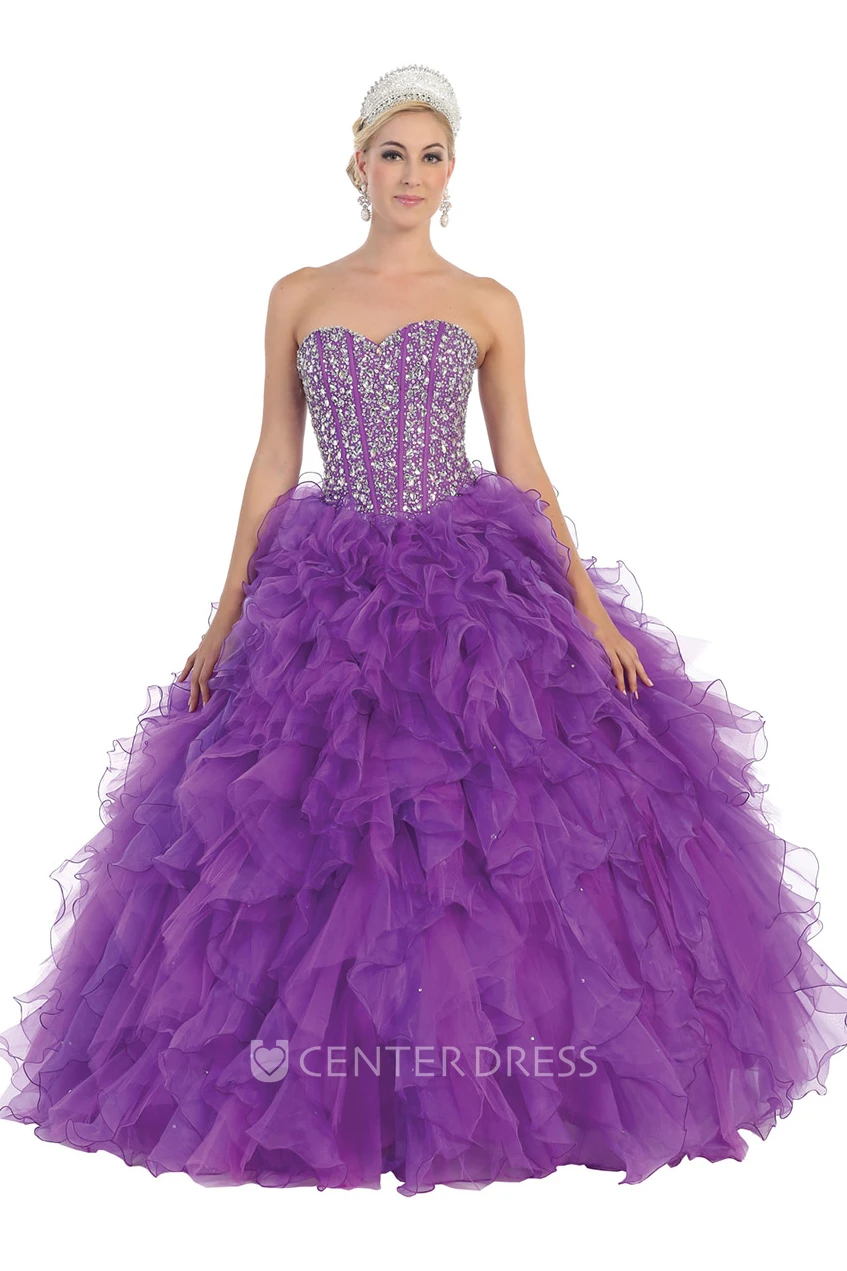 Ball Gown Long Sweetheart Sleeveless Organza Lace-Up Dress With Ruffles And Beading
