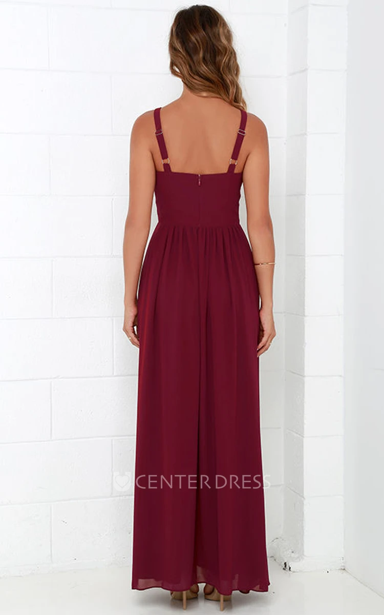 Simple Sleeveless V-Neck A-Line Chiffon Long Dress With Front Split