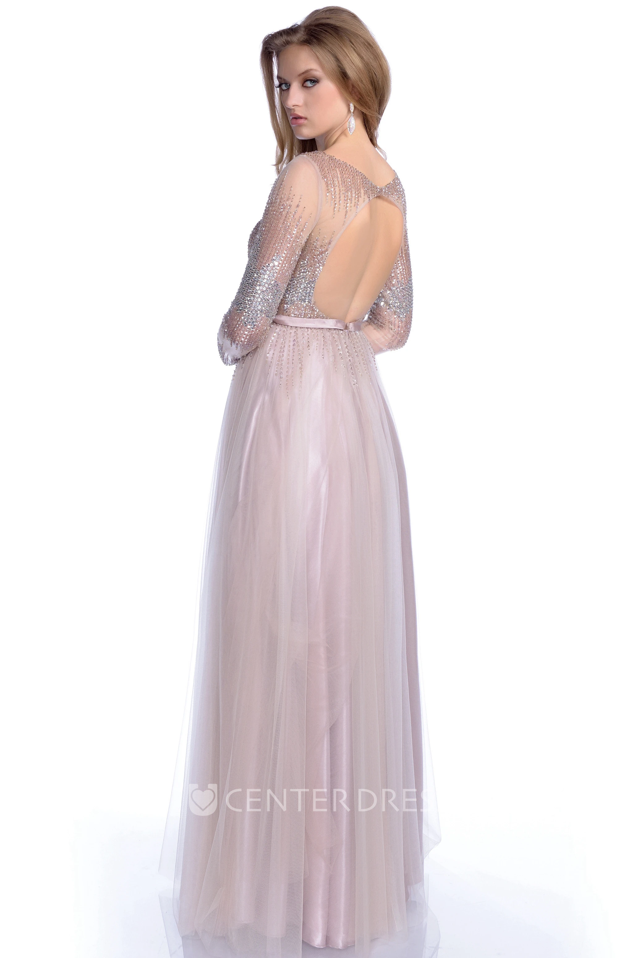 Bateau Neck Long Sleeve A-Line Tulle Prom Dress With Sequined Bodice
