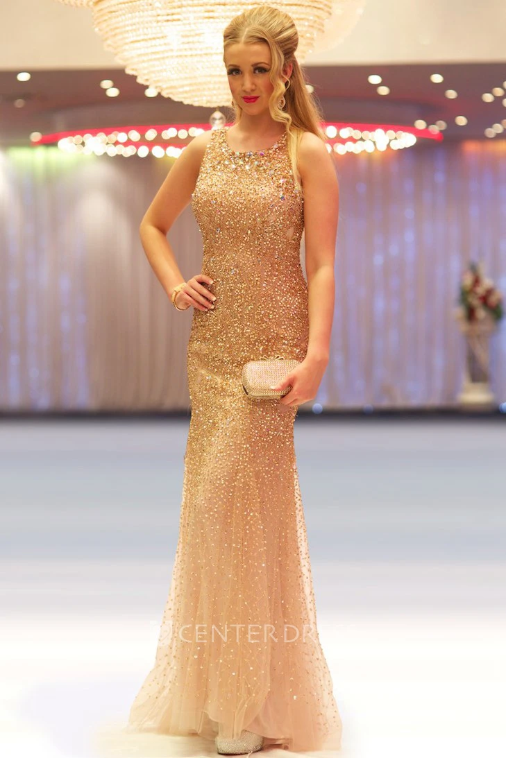 Sheath Sleeveless Scoop-Neck Floor-Length Sequins&Tulle Prom Dress